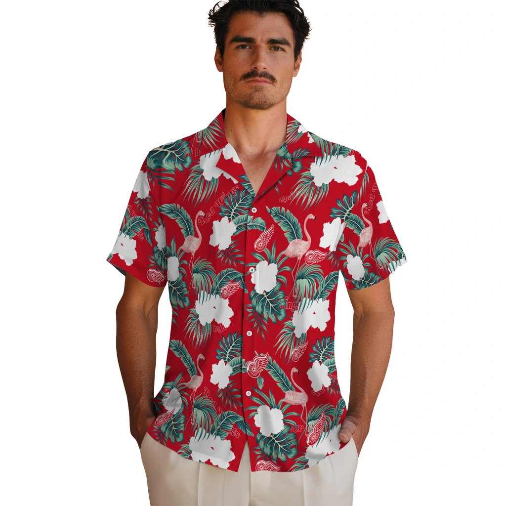 Detroit Red Wings Hawaiian Shirt - Flamingo and Hibiscus detroit red wings flamingo palms red hawaiian shirts fashion forward