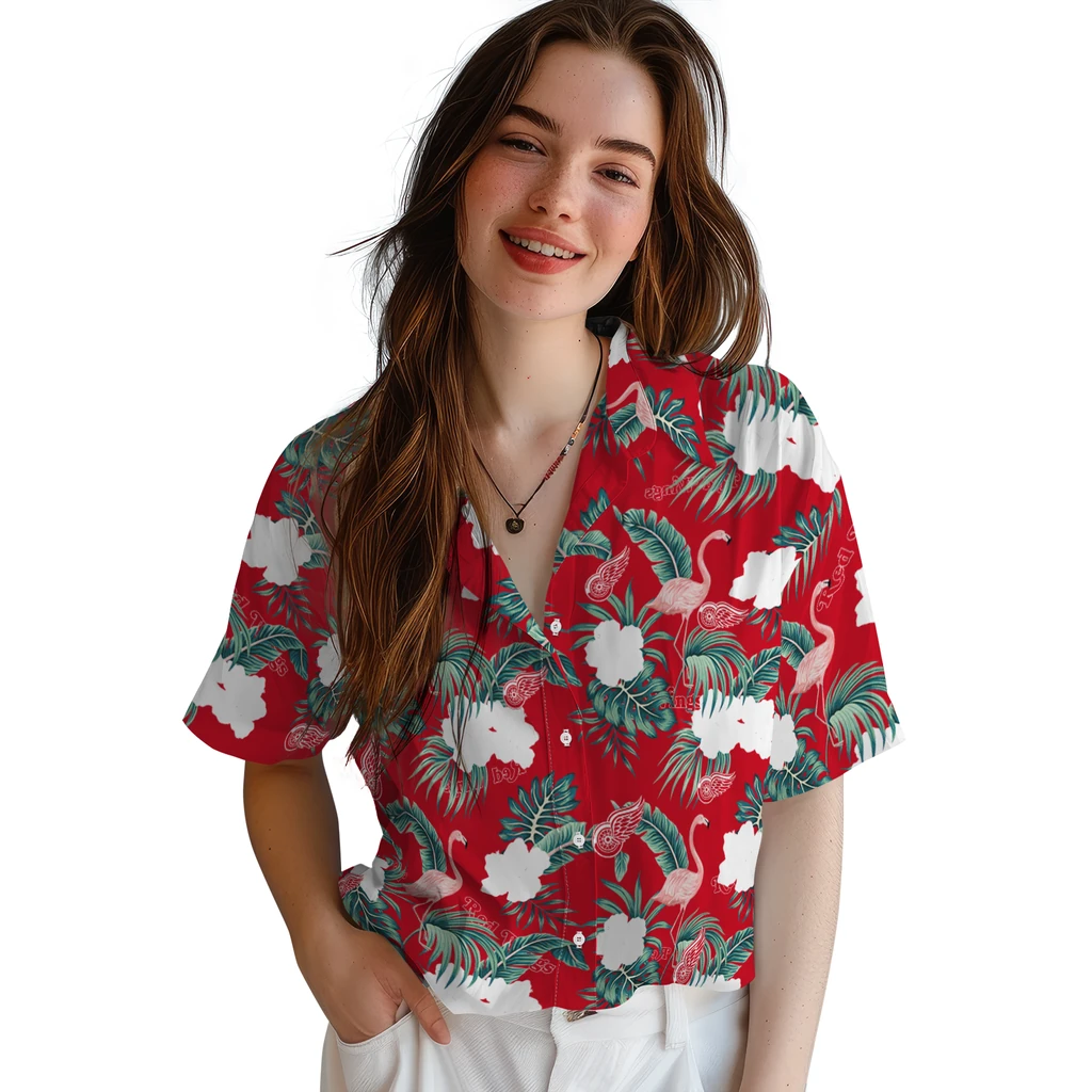 Detroit Red Wings Hawaiian Shirt - Flamingo and Hibiscus detroit red wings flamingo palms red hawaiian shirts latest model