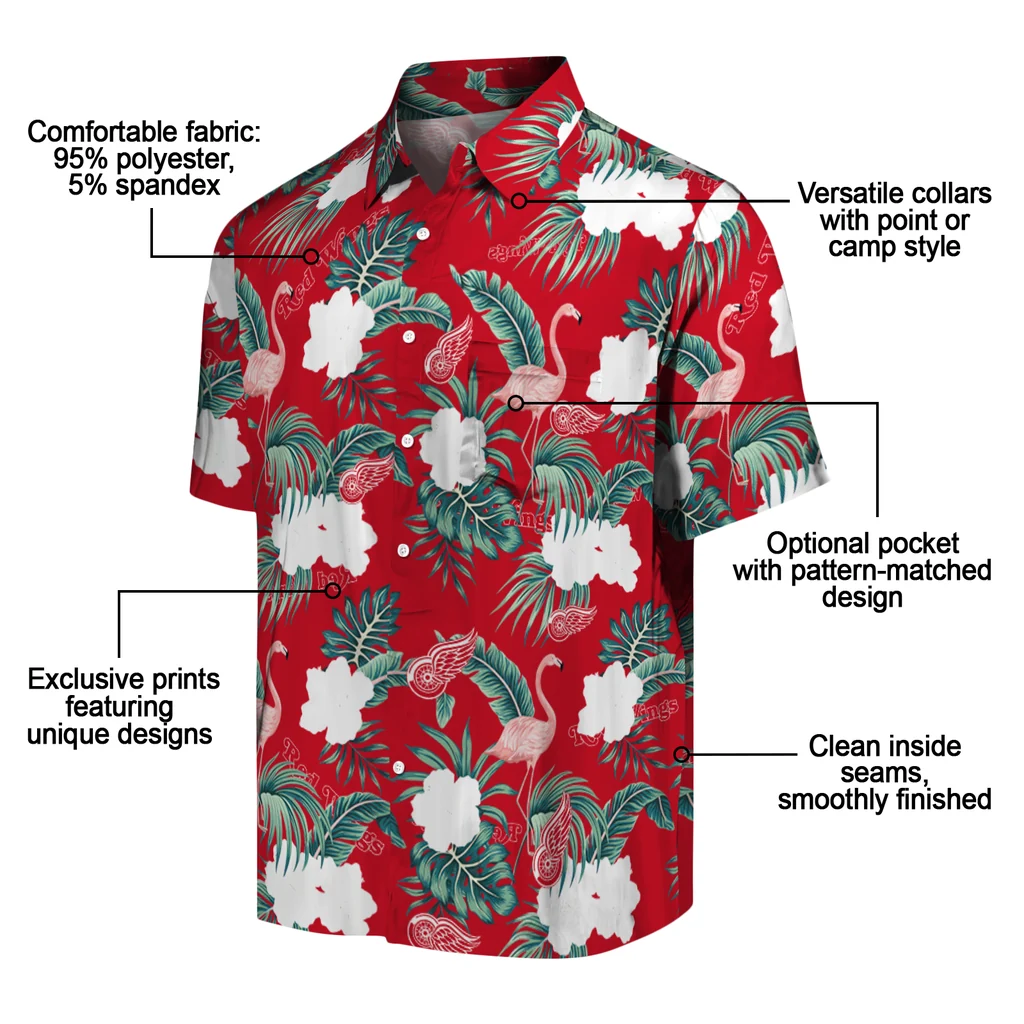 Detroit Red Wings Hawaiian Shirt - Flamingo and Hibiscus detroit red wings flamingo palms red hawaiian shirts new arrival