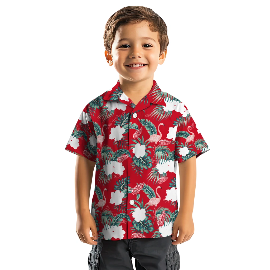 Detroit Red Wings Hawaiian Shirt - Flamingo and Hibiscus detroit red wings flamingo palms red hawaiian shirts top rated