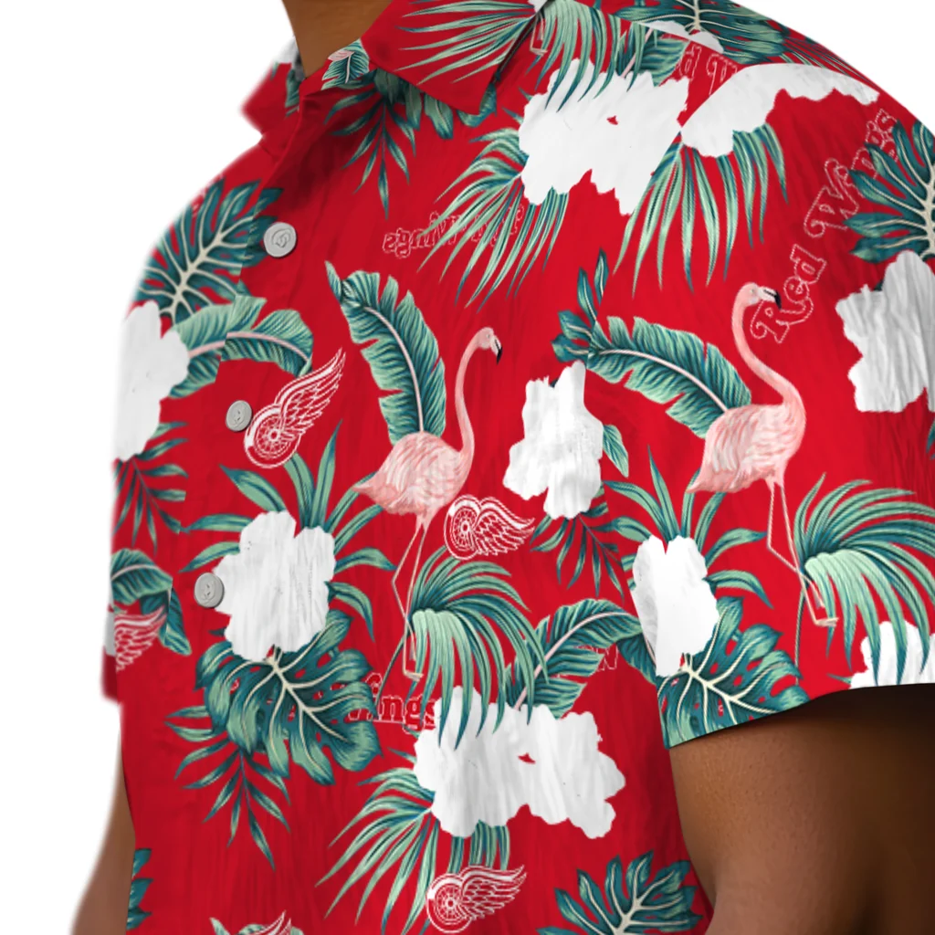 Detroit Red Wings Hawaiian Shirt - Flamingo and Hibiscus detroit red wings flamingo palms red hawaiian shirts trendy
