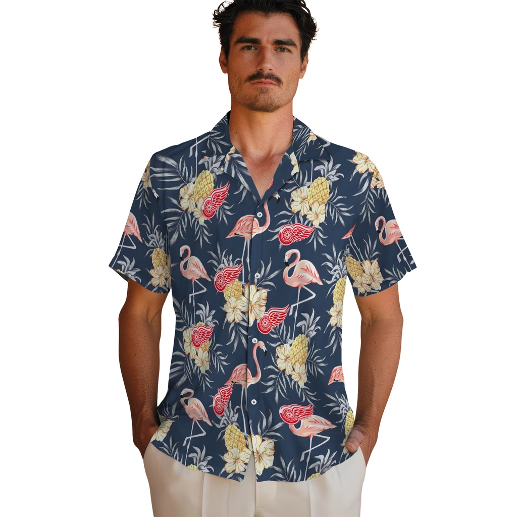 Detroit Red Wings Hawaiian Shirt - Flamingo Hibiscus detroit red wings flamingo hibiscus navy hawaiian shirts fashion forward