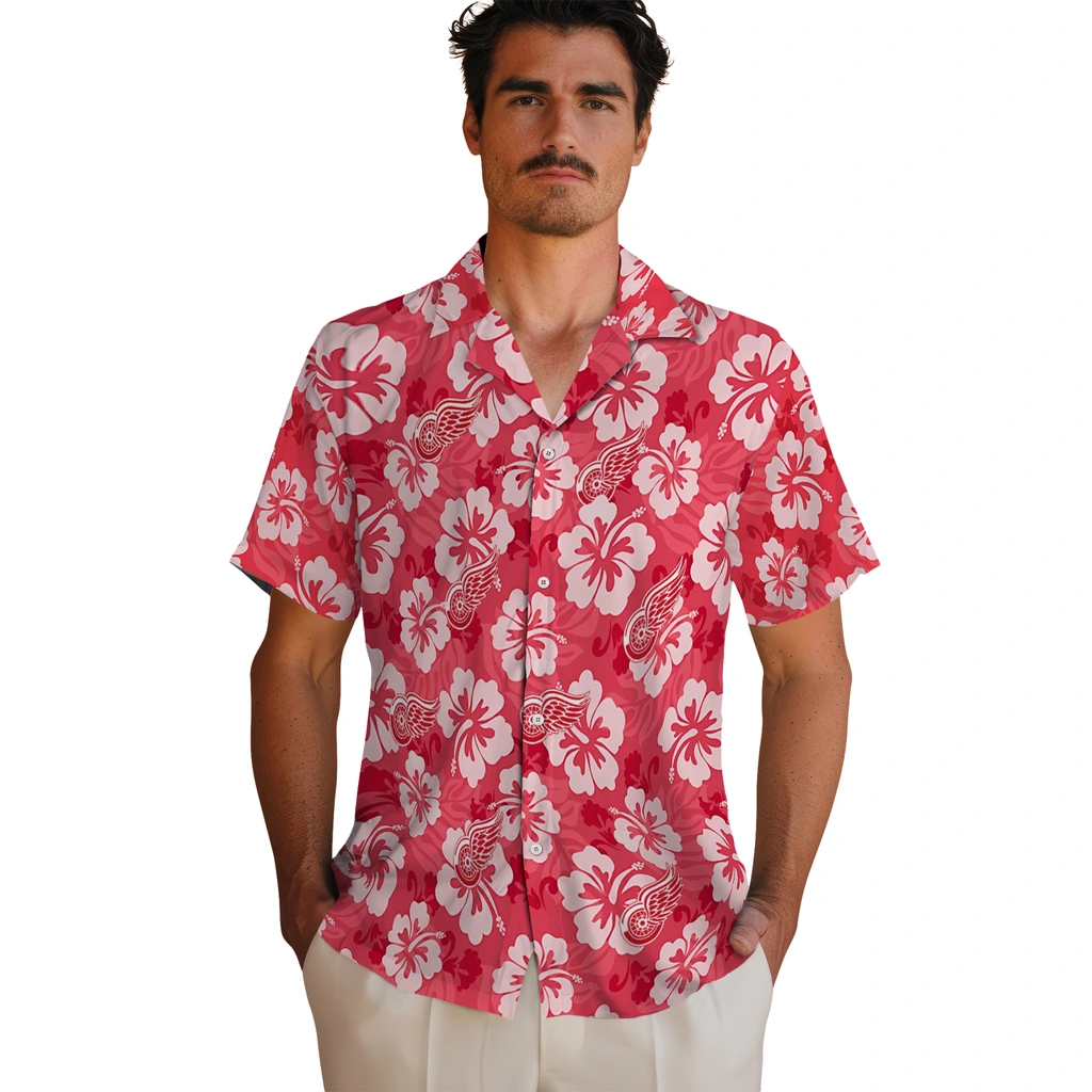 Detroit Red Wings Hawaiian Shirt - Hibiscus Cluster detroit red wings hibiscus cluster red hawaiian shirts fashion forward