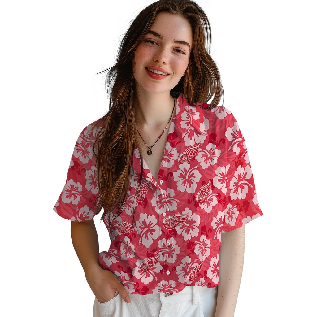 Detroit Red Wings Hawaiian Shirt - Hibiscus Cluster detroit red wings hibiscus cluster red hawaiian shirts latest model