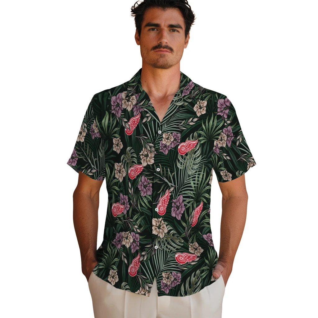 Detroit Red Wings Hawaiian Shirt - Hibiscus Leaves Pattern detroit red wings hibiscus leaves pattern green hawaiian shirts fashion forward