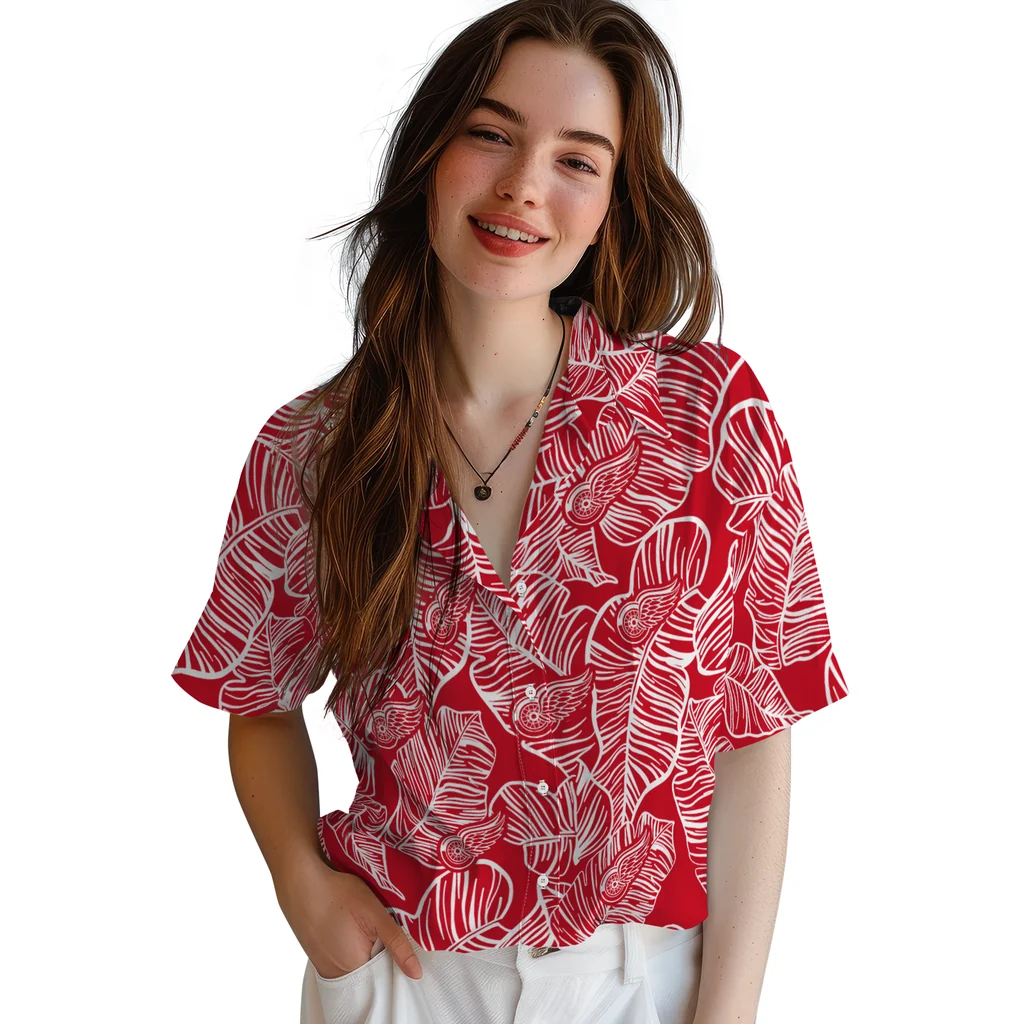 Detroit Red Wings Hawaiian Shirt - Leaf Outline detroit red wings leaf outline red hawaiian shirts latest model