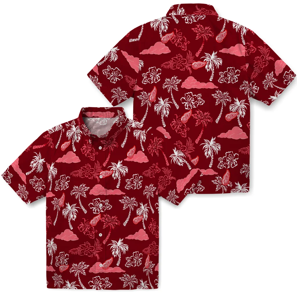 Detroit Red Wings Hawaiian Shirt - Palm And Clouds detroit red wings palm and clouds red hawaiian shirts high quality