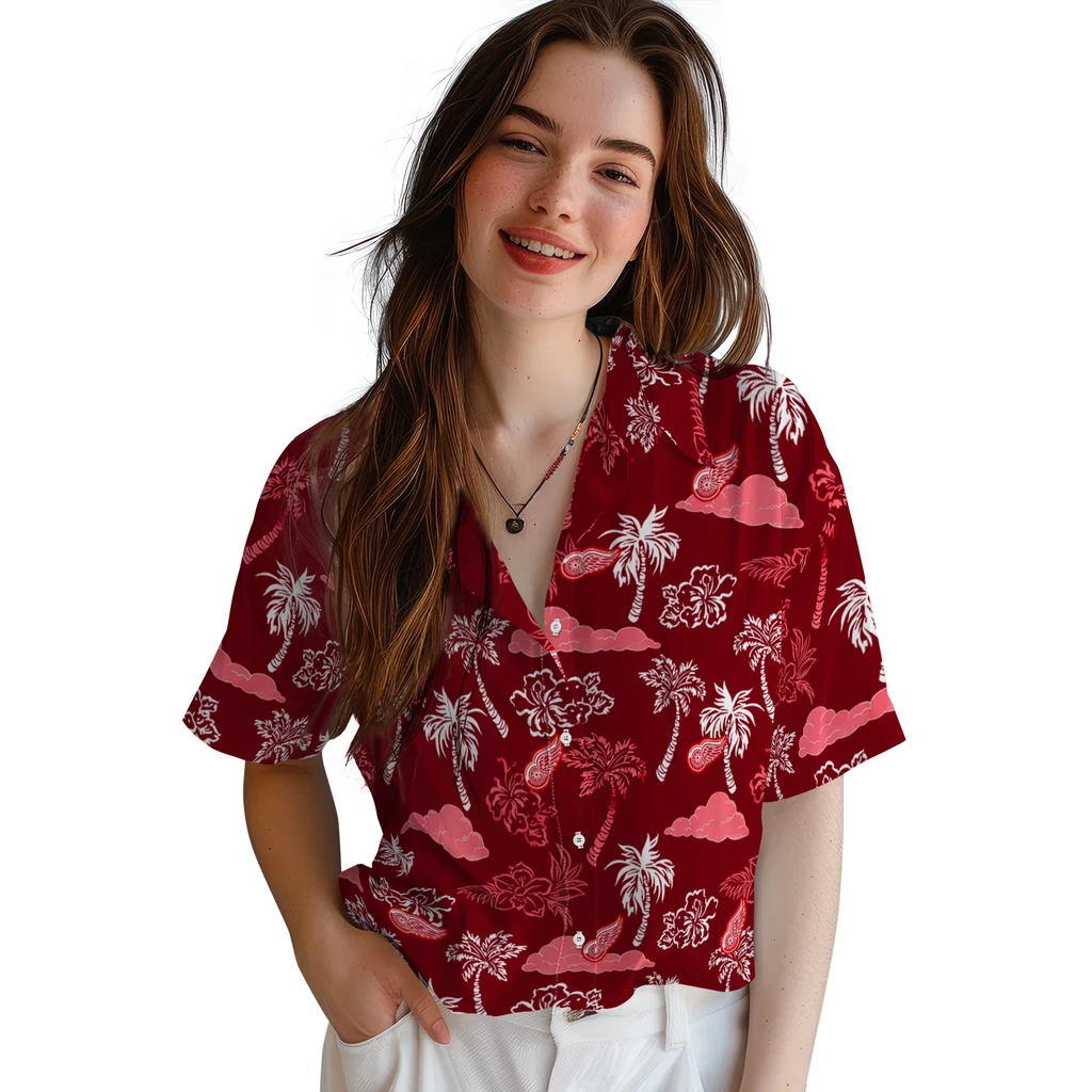 Detroit Red Wings Hawaiian Shirt - Palm And Clouds detroit red wings palm and clouds red hawaiian shirts latest model