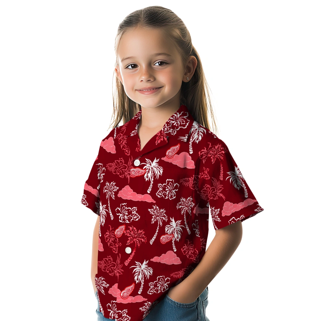 Detroit Red Wings Hawaiian Shirt - Palm And Clouds detroit red wings palm and clouds red hawaiian shirts premium grade