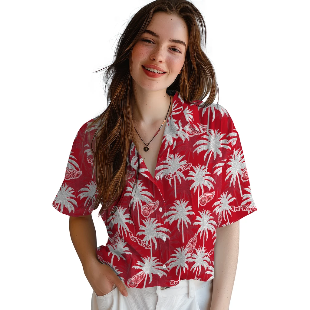 Detroit Red Wings Hawaiian Shirt - Palm Tree Motif detroit red wings palm grove red hawaiian shirts latest model