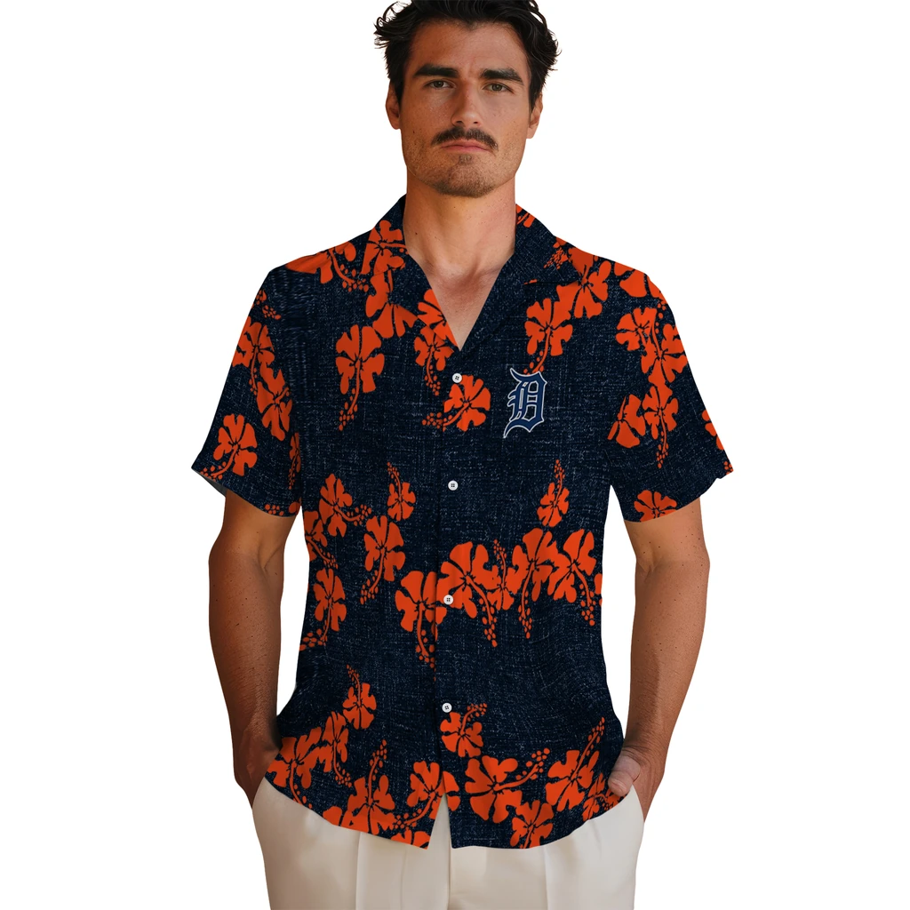 Detroit Tigers Hawaiian Shirt - 50th State Flower detroit tigers hibiscus petals navy hawaiian shirts fashion forward