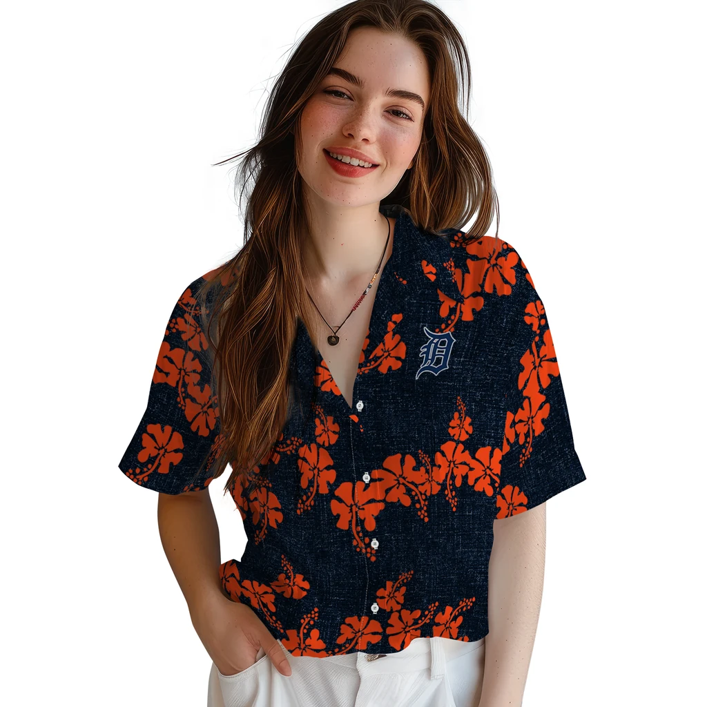 Detroit Tigers Hawaiian Shirt - 50th State Flower detroit tigers hibiscus petals navy hawaiian shirts latest model