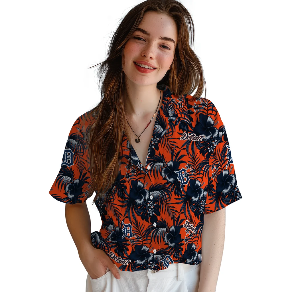 Detroit Tigers Hawaiian Shirt - Hibiscus Exotic detroit tigers hibiscus exotic navy hawaiian shirts latest model
