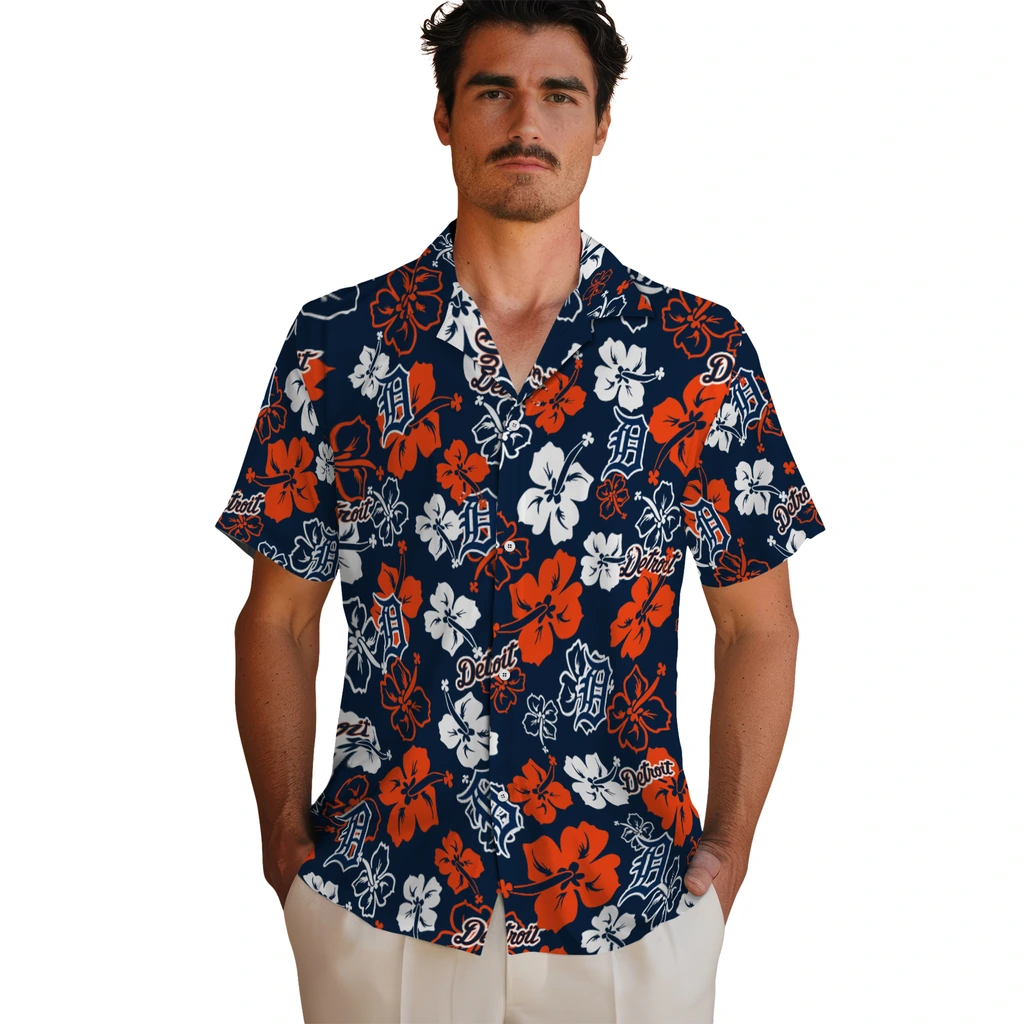 Detroit Tigers Hawaiian Shirt - Hibiscus Flower Design detroit tigers hibiscus bloom navy hawaiian shirts fashion forward