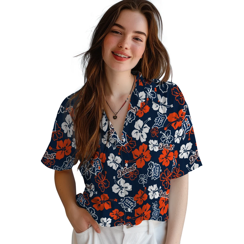 Detroit Tigers Hawaiian Shirt - Hibiscus Flower Design detroit tigers hibiscus bloom navy hawaiian shirts latest model