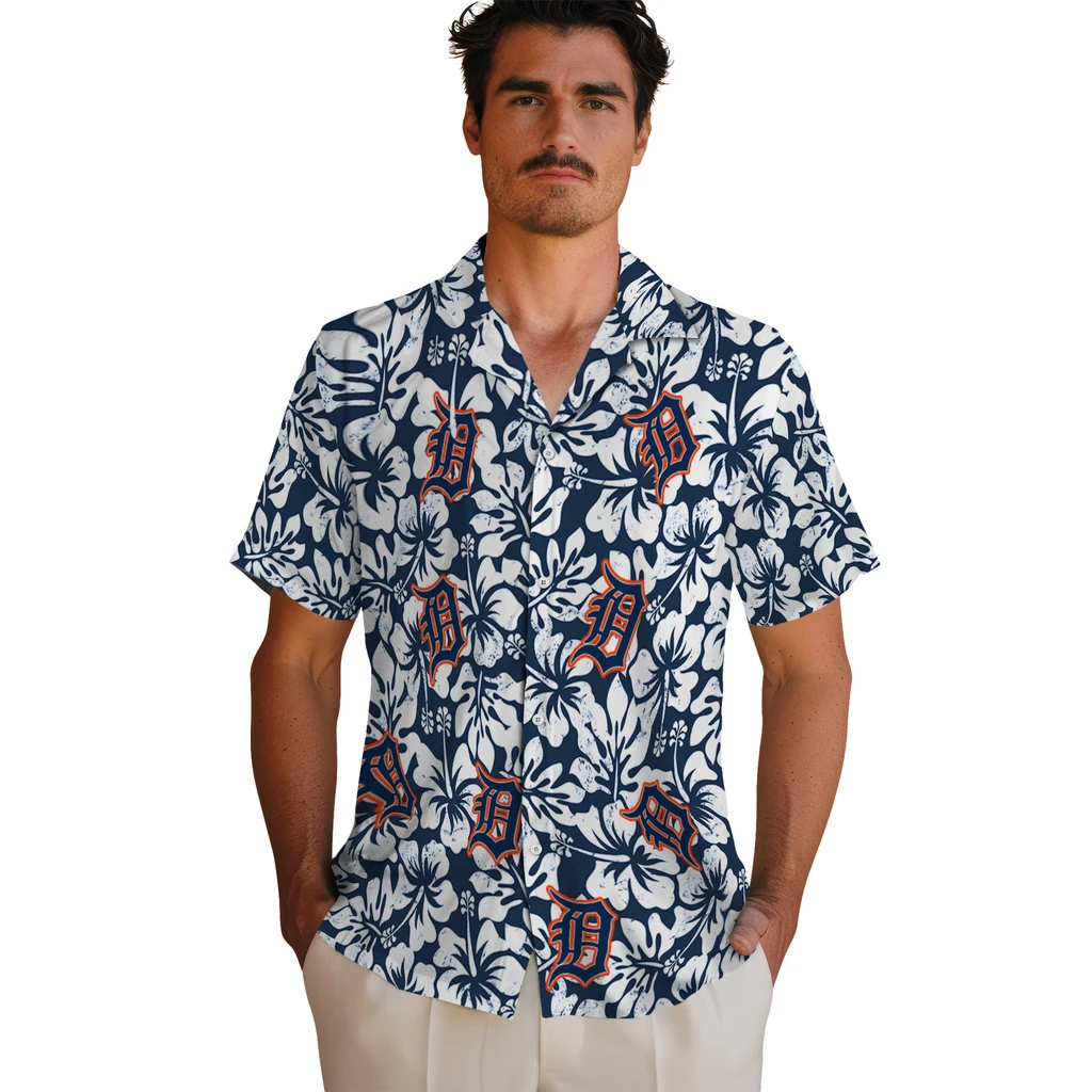 Detroit Tigers Hawaiian Shirt - Hibiscus Motif detroit tigers hibiscus motif navy white hawaiian shirts fashion forward