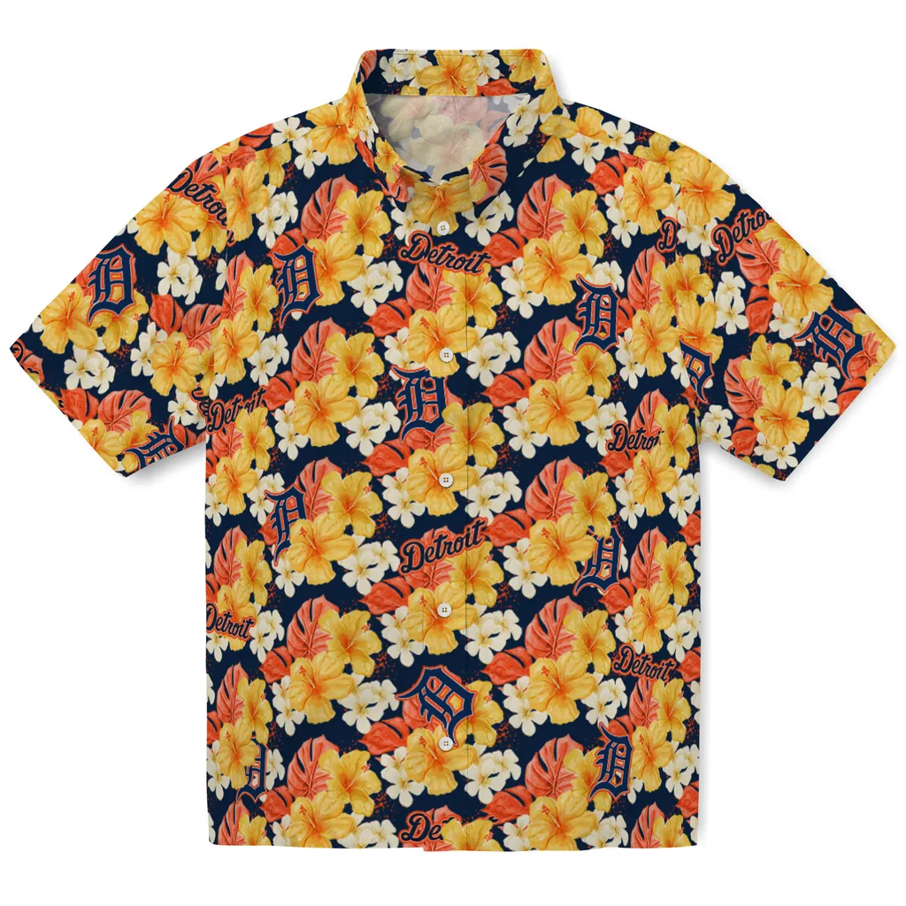 Detroit Tigers Hawaiian Shirt - Hibiscus Tropics detroit tigers hibiscus tropics navy yellow hawaiian shirts best selling