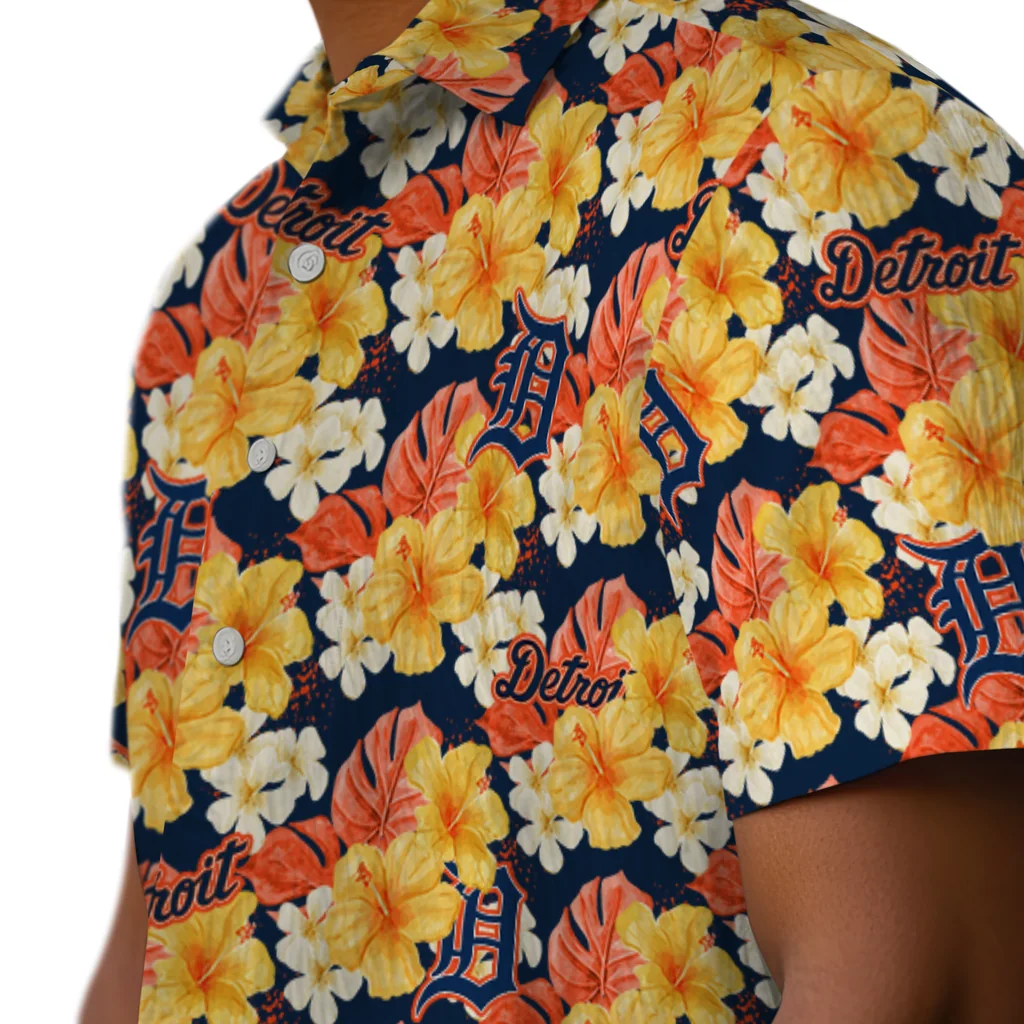 Detroit Tigers Hawaiian Shirt - Hibiscus Tropics detroit tigers hibiscus tropics navy yellow hawaiian shirts trendy