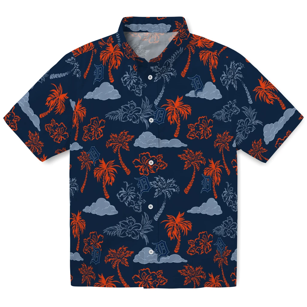 Detroit Tigers Hawaiian Shirt - Palm And Clouds detroit tigers palm and clouds navy hawaiian shirts best selling