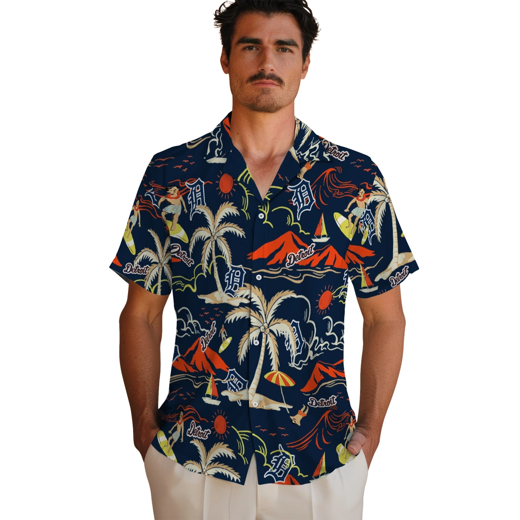 Detroit Tigers Hawaiian Shirt - Palm Tree Island detroit tigers palm tree island navy hawaiian shirts fashion forward
