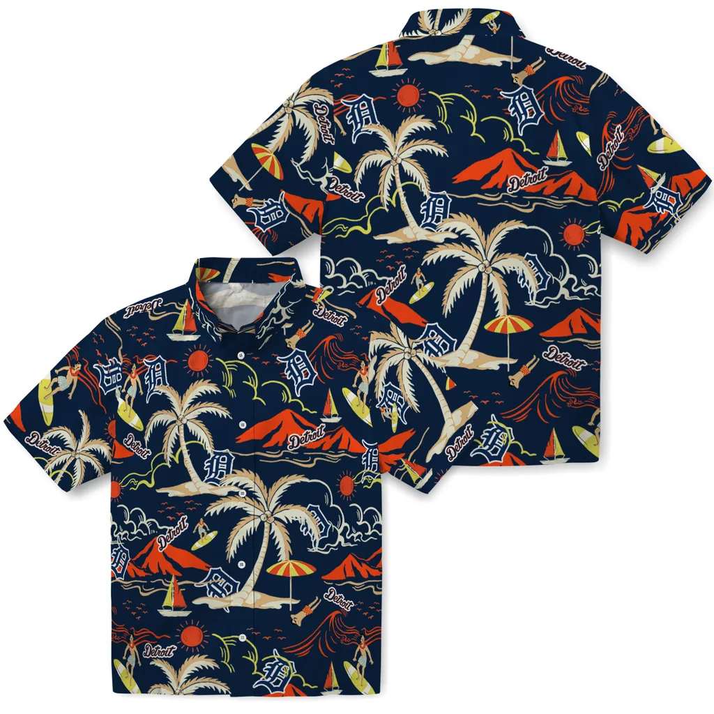 Detroit Tigers Hawaiian Shirt - Palm Tree Island detroit tigers palm tree island navy hawaiian shirts high quality
