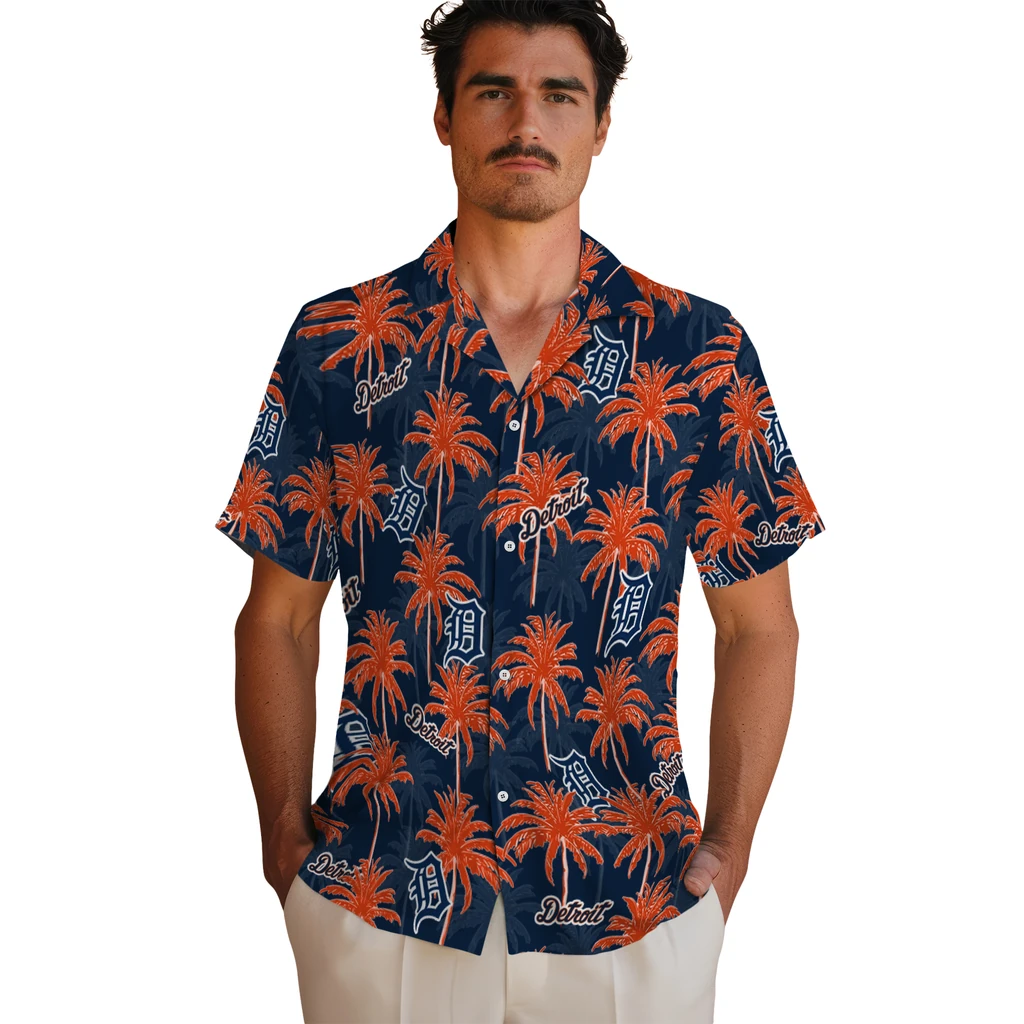 Detroit Tigers Hawaiian Shirt - Palm Tree Motif detroit tigers palm grove navy hawaiian shirts fashion forward