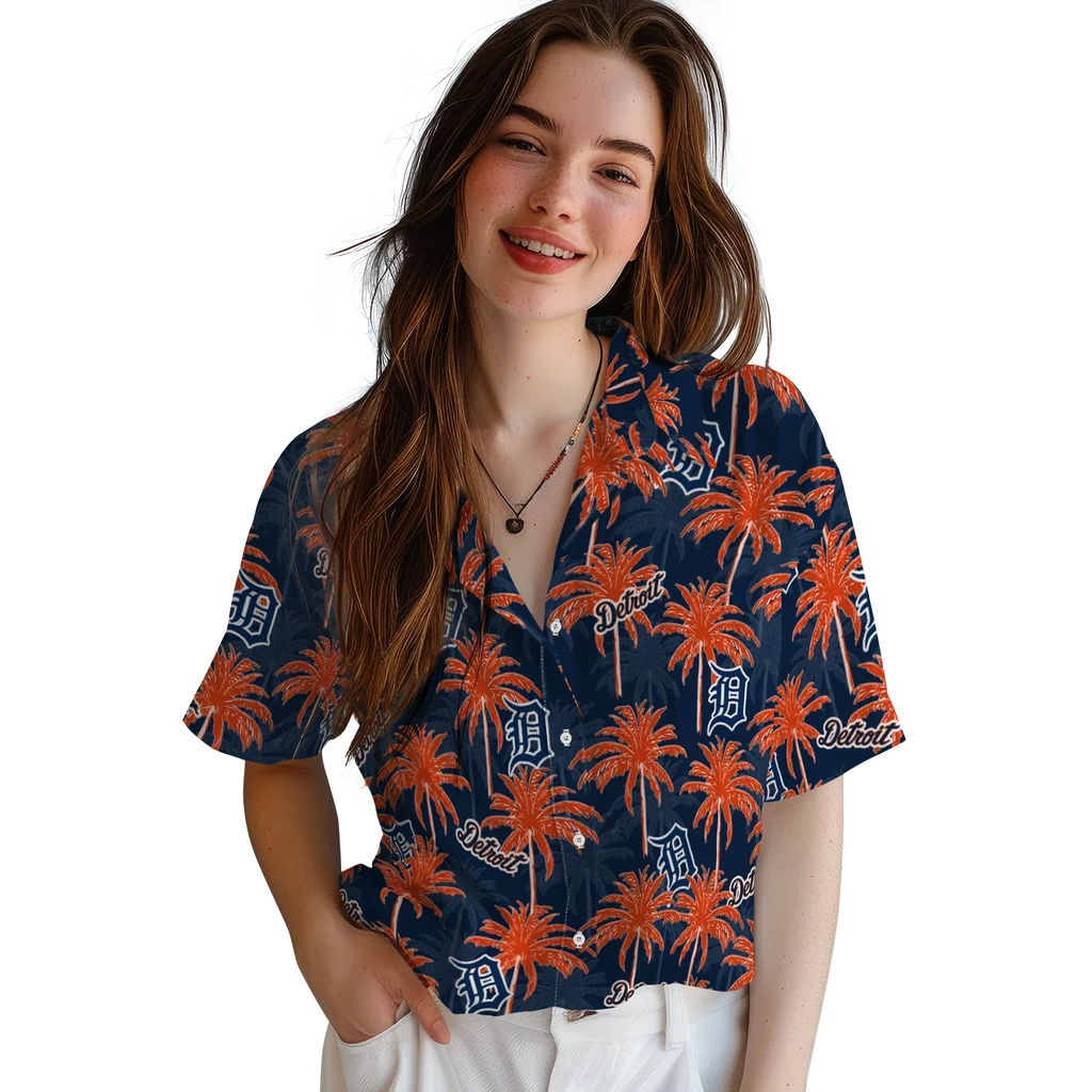 Detroit Tigers Hawaiian Shirt - Palm Tree Motif detroit tigers palm grove navy hawaiian shirts latest model