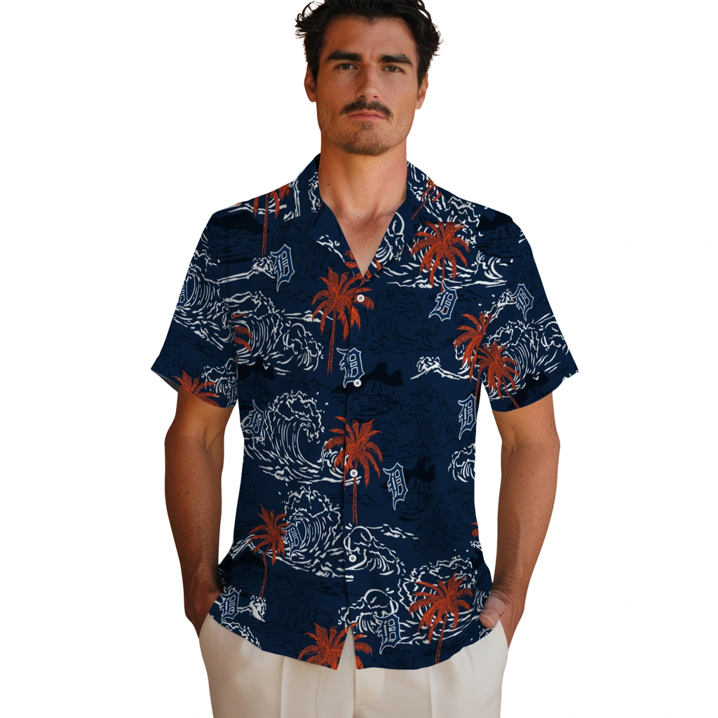 Detroit Tigers Hawaiian Shirt - Wave Palm detroit tigers wave palm navy hawaiian shirts fashion forward