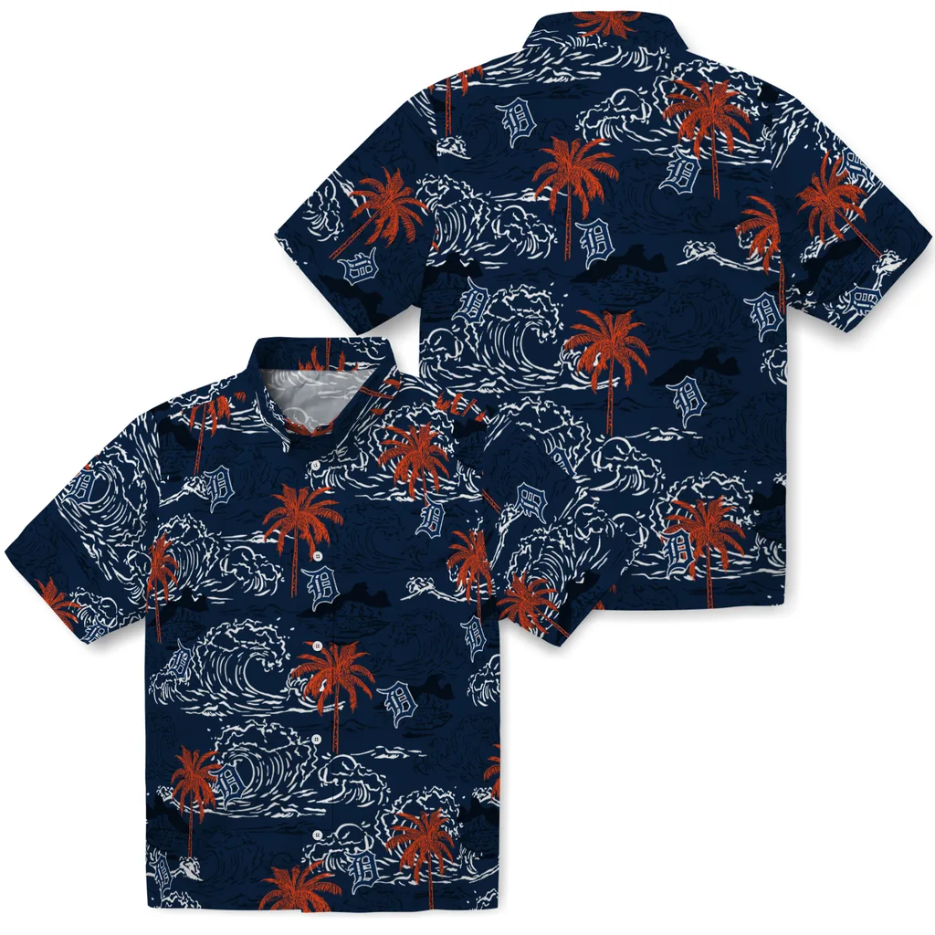 Detroit Tigers Hawaiian Shirt - Wave Palm detroit tigers wave palm navy hawaiian shirts high quality