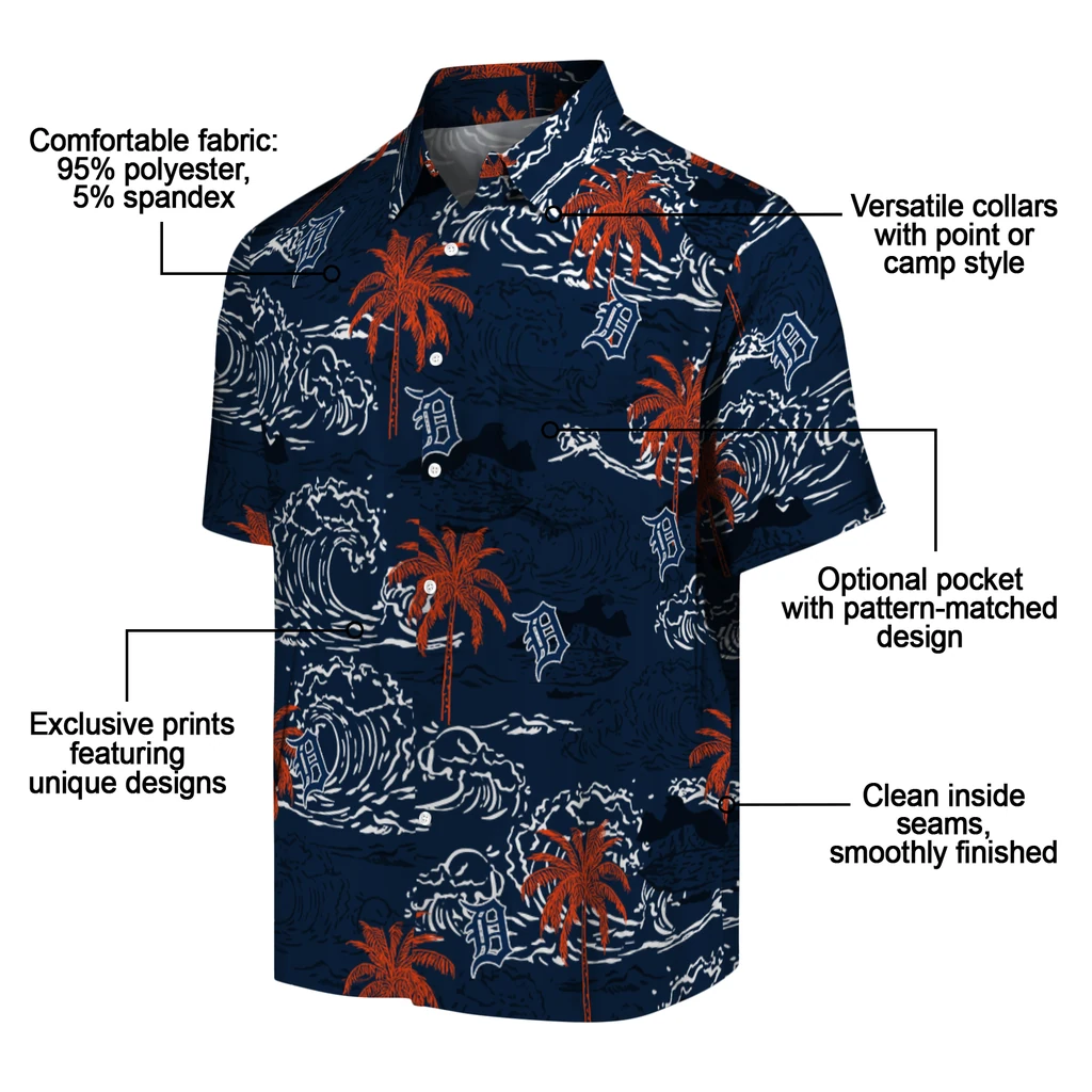 Detroit Tigers Hawaiian Shirt - Wave Palm detroit tigers wave palm navy hawaiian shirts new arrival
