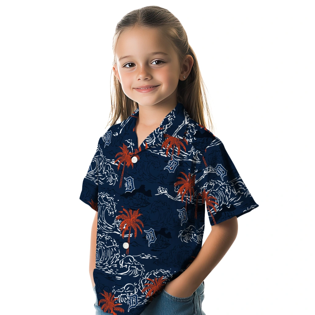 Detroit Tigers Hawaiian Shirt - Wave Palm detroit tigers wave palm navy hawaiian shirts premium grade