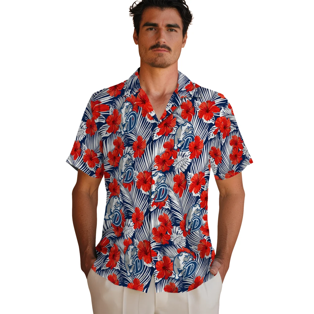 Drake Bulldogs Hawaiian Shirt - Hibiscus Fiesta drake bulldogs hibiscus fiesta red royal blue hawaiian shirts fashion forward