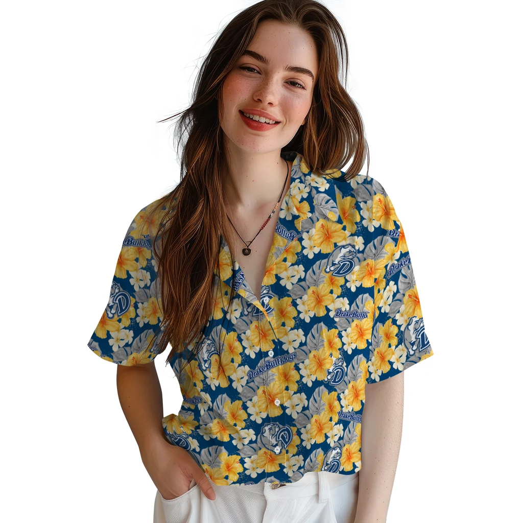 Drake Bulldogs Hawaiian Shirt - Hibiscus Tropics drake bulldogs hibiscus tropics blue yellow hawaiian shirts latest model