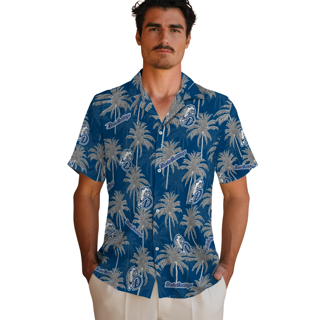 Drake Bulldogs Hawaiian Shirt - Palm Tree Motif drake bulldogs palm grove blue hawaiian shirts fashion forward