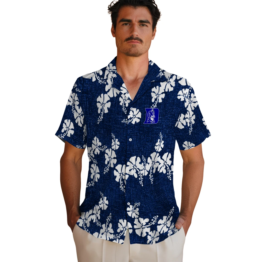 Duke Blue Devils Hawaiian Shirt - 50th State Flower duke blue devils hibiscus petals blue hawaiian shirts fashion forward