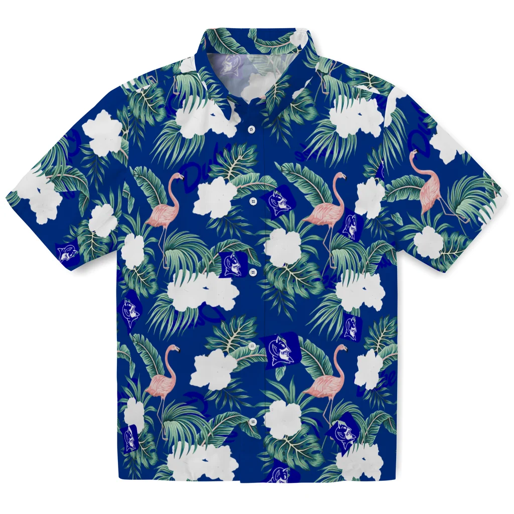 Duke Blue Devils Hawaiian Shirt - Flamingo and Hibiscus duke blue devils flamingo palms blue hawaiian shirts best selling