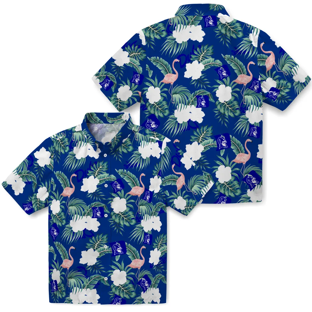 Duke Blue Devils Hawaiian Shirt - Flamingo and Hibiscus duke blue devils flamingo palms blue hawaiian shirts high quality