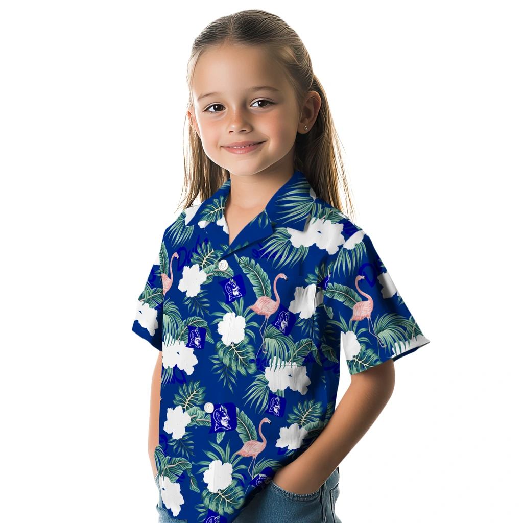Duke Blue Devils Hawaiian Shirt - Flamingo and Hibiscus duke blue devils flamingo palms blue hawaiian shirts premium grade