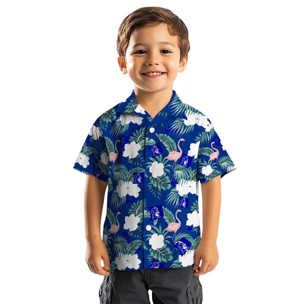 Duke Blue Devils Hawaiian Shirt - Flamingo and Hibiscus duke blue devils flamingo palms blue hawaiian shirts top rated