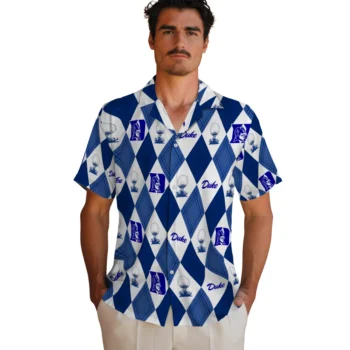 duke blue devils balloon plaid blue hawaiian shirts fashion forward
