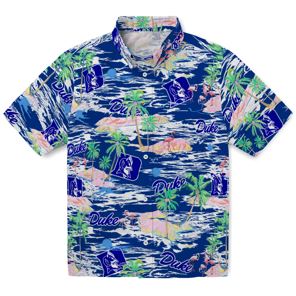Duke Blue Devils Hawaiian Shirt - Hawaii Island duke blue devils flamingo retreat blue hawaiian shirts best selling