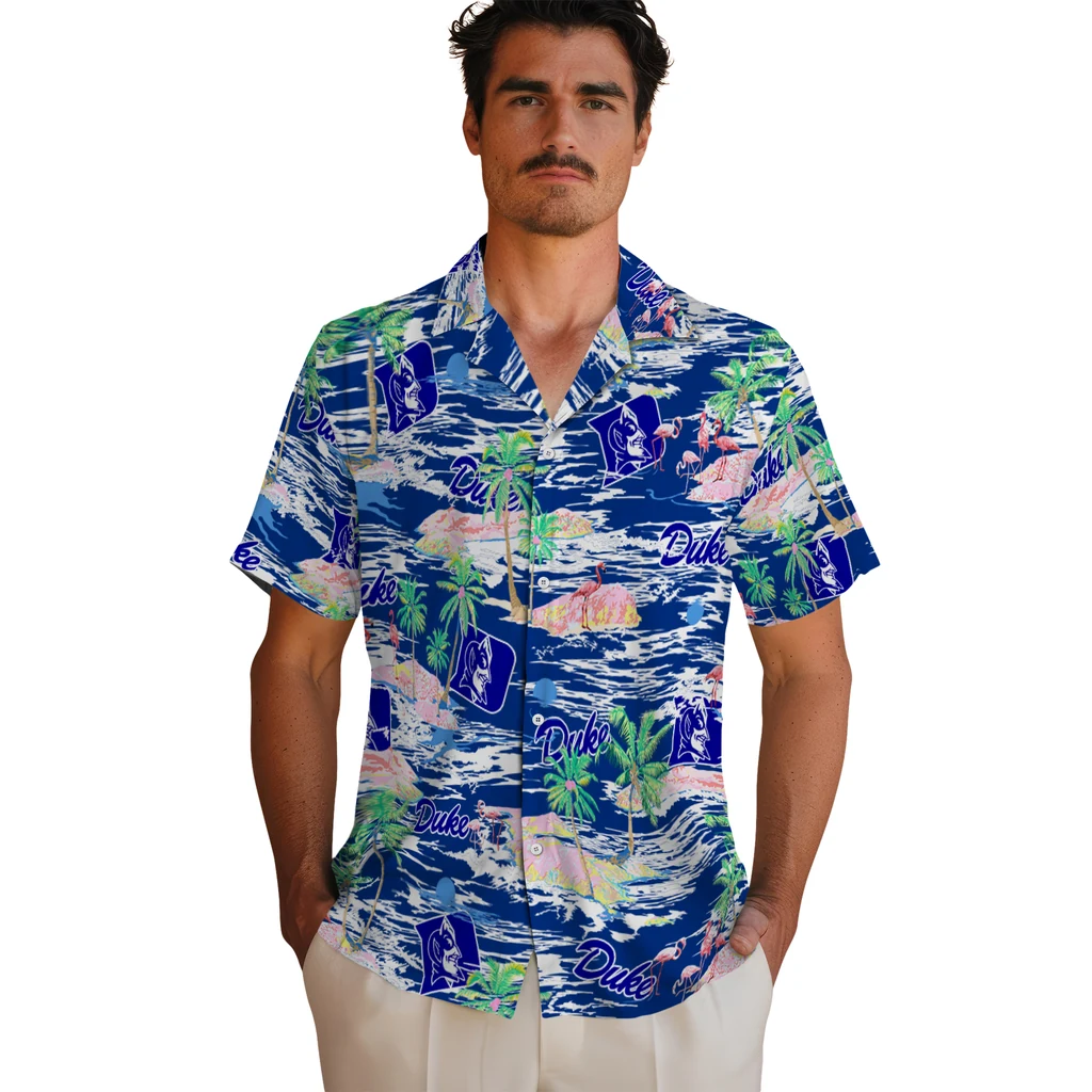 Duke Blue Devils Hawaiian Shirt - Hawaii Island duke blue devils flamingo retreat blue hawaiian shirts fashion forward