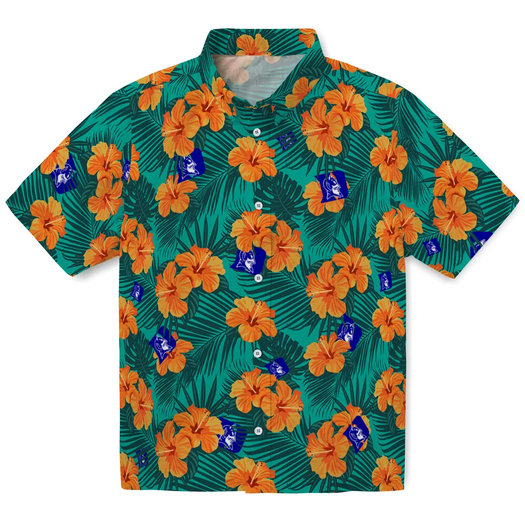 Duke Blue Devils Hawaiian Shirt - Hibiscus and Palm Leaves duke blue devils hibiscus escape green hawaiian shirts best selling