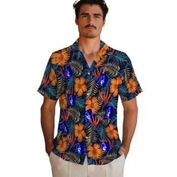 duke blue devils hibiscus foliage hawaiian shirts fashion forward