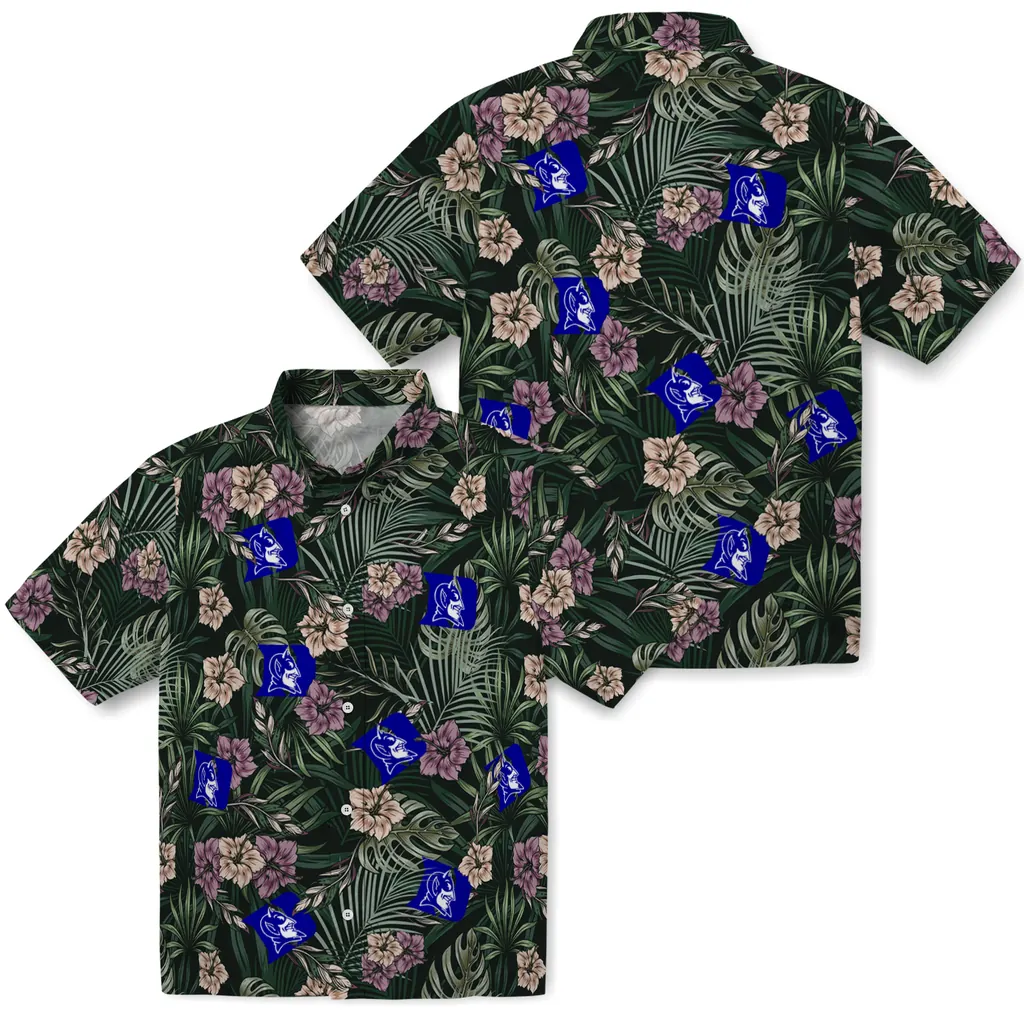 Duke Blue Devils Hawaiian Shirt - Hibiscus Leaves Pattern duke blue devils hibiscus leaves pattern green hawaiian shirts high quality