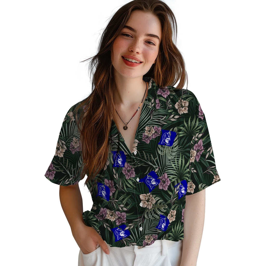 Duke Blue Devils Hawaiian Shirt - Hibiscus Leaves Pattern duke blue devils hibiscus leaves pattern green hawaiian shirts latest model