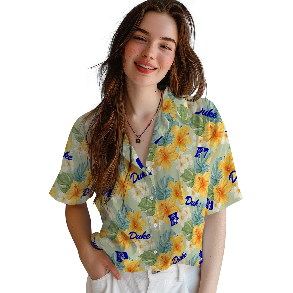 Duke Blue Devils Hawaiian Shirt - Hibiscus Mood duke blue devils hibiscus mood pale lime yellow hawaiian shirts latest model