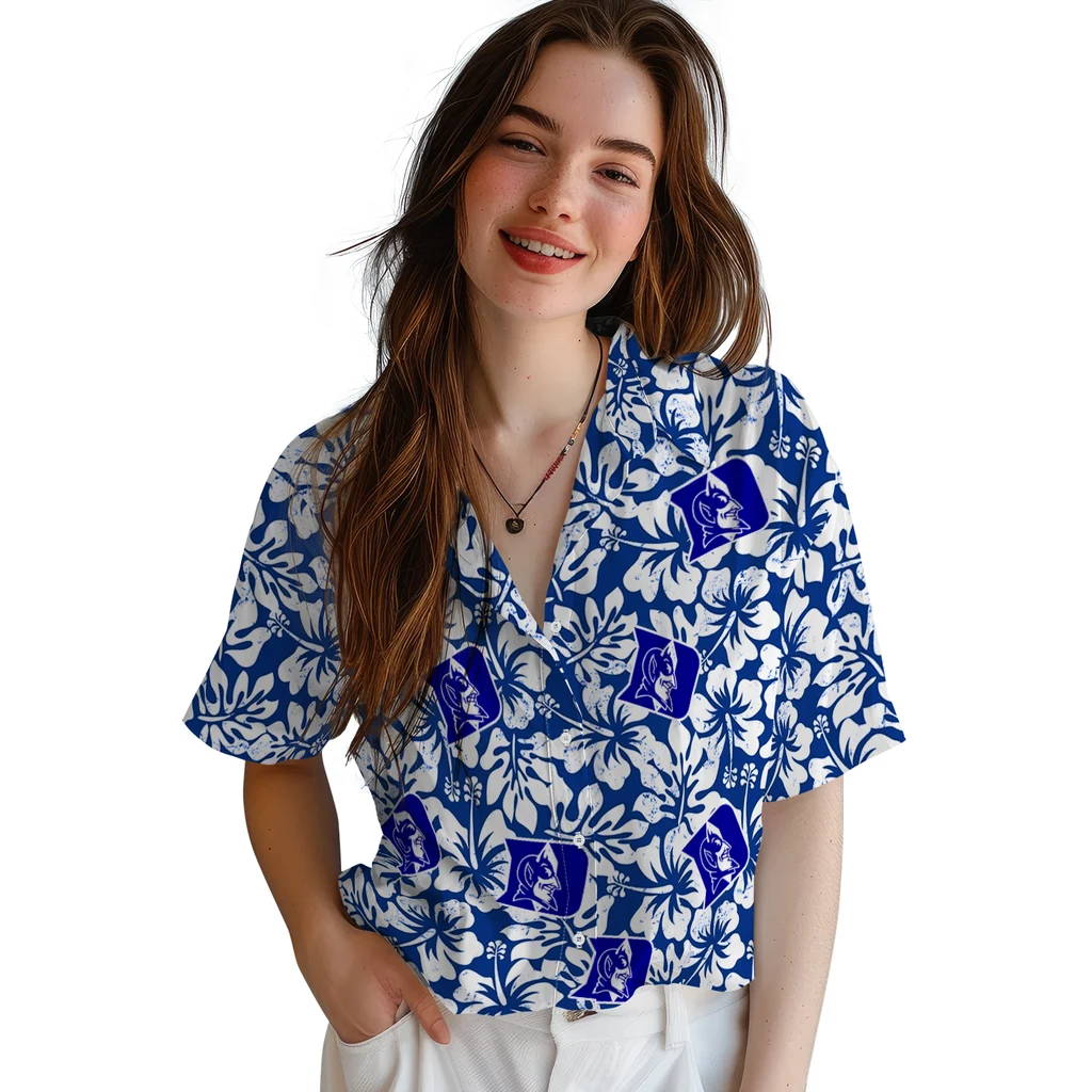Duke Blue Devils Hawaiian Shirt - Hibiscus Motif duke blue devils hibiscus motif blue white hawaiian shirts latest model