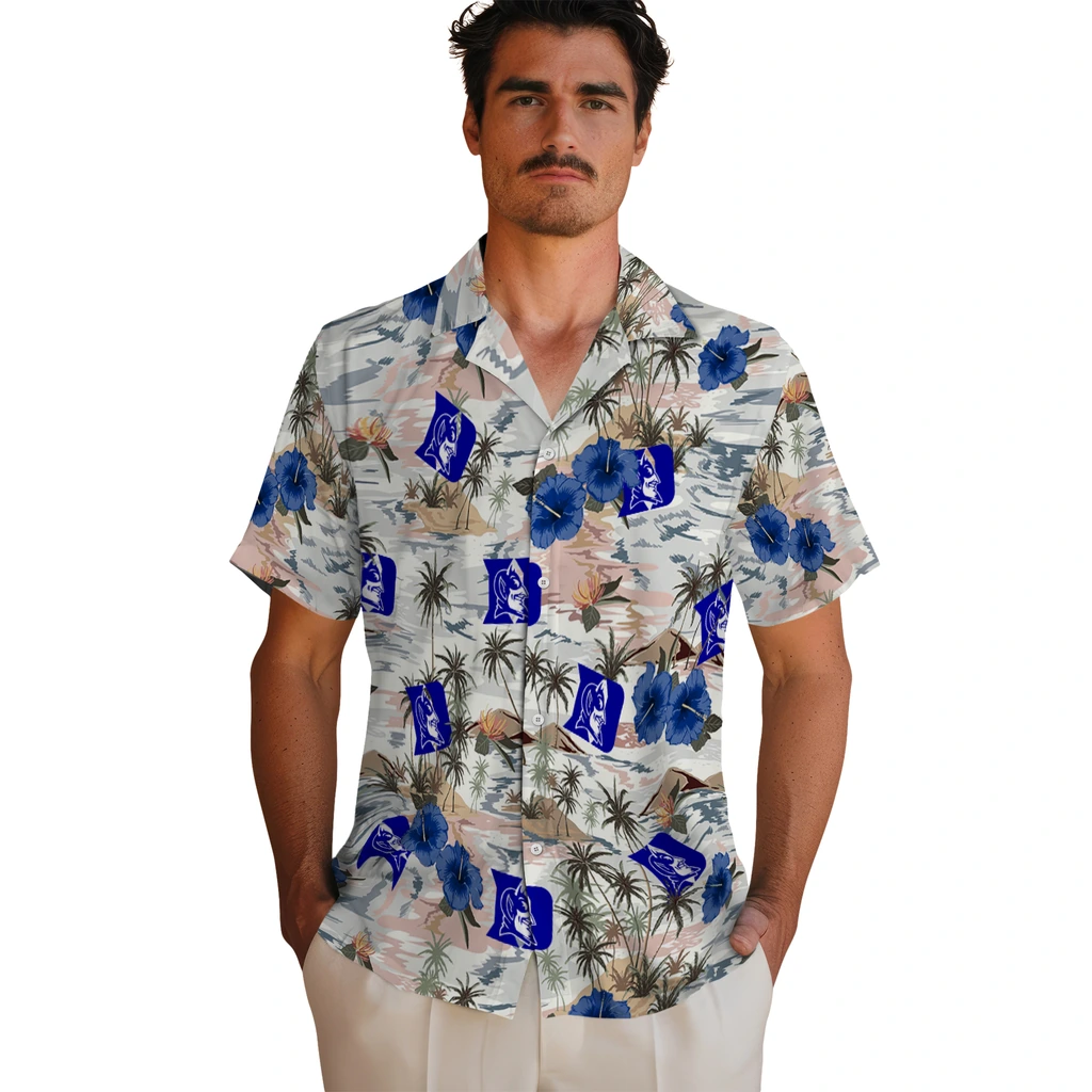 Duke Blue Devils Hawaiian Shirt - Hibiscus Seaside duke blue devils hibiscus seaside white hawaiian shirts fashion forward
