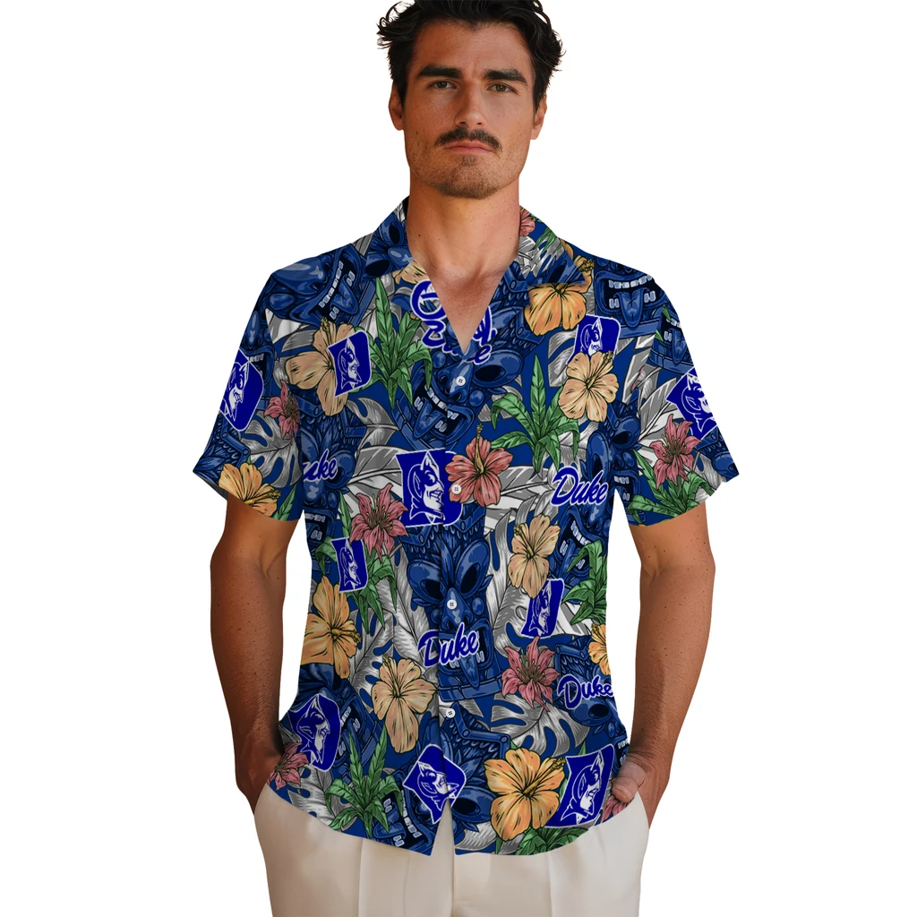 Duke Blue Devils Hawaiian Shirt - Hibiscus Tiki Jungle duke blue devils tiki jungle blue hawaiian shirts fashion forward